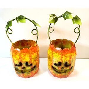 2 Metal Jack O' Lantern Pumpkin Tea Light Candle Holders Luminary Face Handle